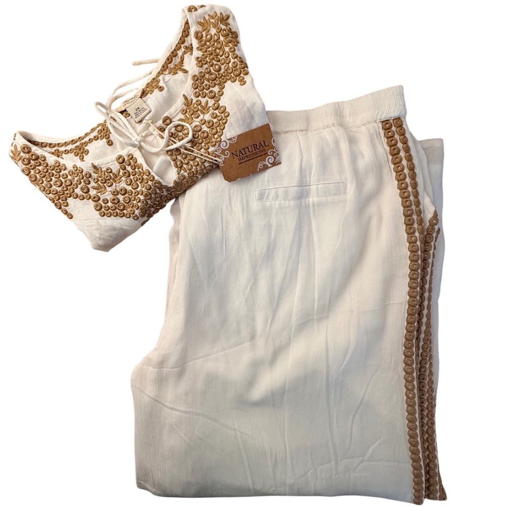 White/Gold Embroidered 2X Tank Top+Palazzo Pants NWT Boho Resortwear Ethereal